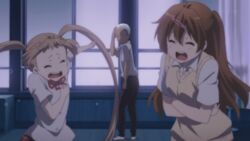  1boy 2girls animated animated bald brown_hair chuunibyou_demo_koi_ga_shitai! crying dekomori_sanae isshiki_makoto laughing multiple_girls nibutani_shinka pointing rofl twintails 