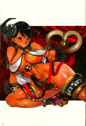  abs arm_support bare_shoulders black_hair breasts cleavage dark-skinned_female dark_skin earrings f.s. female fishnet_thighhighs fishnets green_eyes highres huge_breasts jewelry long_hair luna_luna_(queen&#039;s_blade) midriff multicolored_hair navel official_art pearl_thong queen&#039;s_blade queen&#039;s_blade_rebellion revealing_clothes sandals shoes smile solo thighhighs 