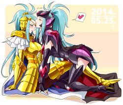  2girls arai_nobu armor blue_eyes blue_hair blush cape closed_eyes commentary_request dated gemini_integra gemini_paradox gold_armor gold_saint heart incest kissing long_hair multiple_girls saint_seiya saint_seiya_omega siblings sisters spoken_heart twincest twins yuri 