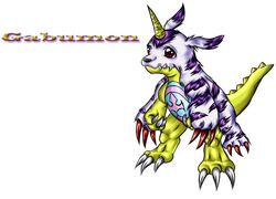  2009 ambiguous_gender anthro bandai_namco claws digimon digimon_(species) english_text fur gabumon horn markings nude purple_body purple_fur raised_tail red_eyes reptile scalie simple_background solo stripes tail teeth text tigerlilylucky toe_claws traditional_media_(artwork) white_background white_body white_fur yellow_body yellow_skin 