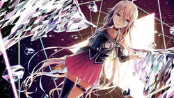  ahoge backlighting bare_shoulders blue_eyes braid collarbone commentary_request crimsonseed crystal_wings expressionless female grey_hair hair_between_eyes highres ia_(vocaloid) jewelry long_bangs long_hair off_shoulder pink_skirt pleated_skirt ring shards single_thighhigh skirt sky solo space star_(sky) starry_sky thigh_strap thighhighs triangle twin_braids very_long_hair vocaloid wings 