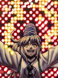  arms_up commentary danmaku english_commentary female hat japanese_clothes kariginu mononobe_no_futo open_mouth smile solo spidu striped striped_background tate_eboshi touhou wide_sleeves 