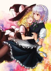  2girls ^_^ ariori_haberi bad_id bad_pixiv_id blonde_hair bow braid closed_eyes earrings happy hat holding_hands hug interlocked_fingers izayoi_sakuya jewelry kirisame_marisa long_hair maid maid_headdress multiple_girls open_mouth pantyhose photoshop_(medium) red_eyes short_hair smile touhou twin_braids white_hair witch_hat yuri 