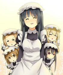  5girls =_= ^_^ akiyama_mio alternate_costume black_hair blonde_hair brown_eyes brown_hair closed_eyes commentary_request enmaided frown hat hirasawa_yui k-on! kotobuki_tsumugi long_hair maid multiple_girls nakano_azusa red_eyes short_hair smile tainaka_ritsu zhao_shuwen 