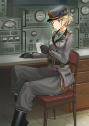  :/ aiguillette arm_rest bad_id bad_pixiv_id belt belt_pouch black_footwear black_gloves blonde_hair blue_eyes boots braid braided_bun buckle buttons chair coffee coffee_mug collared_shirt commentary_request cup desk drawer epaulettes feet_out_of_frame female gauge gloves green_eyes green_shirt grey_jacket grey_pants hair_bun hat holding holding_cup indoors jacket leather leather_boots looking_at_viewer medal military military_uniform mug original pants peaked_cap photoshop_(medium) pouch radio shirt signature single_hair_bun sitting solo steam tile_floor tiles uniform wing_collar yasawa_kichi 