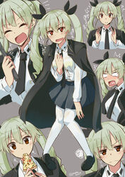  ^^^ anchovy_(girls_und_panzer) anzio_school_uniform belt black_footwear black_skirt blush cape closed_eyes closed_mouth commentary_request crying dress_shirt drill_hair eating expressions female food full_body girls_und_panzer green_hair grey_background hair_ribbon highres holding holding_food holding_pizza holding_riding_crop loafers long_hair long_sleeves looking_at_viewer miniskirt multiple_views necktie necktie_grab neckwear_grab open_mouth pantyhose pizza pleated_skirt red_eyes ribbon riding_crop school_uniform shirt shoes simple_background skirt smile standing sweat twin_drills twintails twitter_username white_legwear white_shirt yuuma_(noel) 