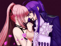  1boy ascot commentary_request couple dress evillious_nendaiki female frilled_sleeves frills kamui_gakupo long_hair lukana_octo megurine_luka no_bra nyin photoshop_(medium) pink_hair purple_eyes purple_hair sateriasis_venomania smile straight updo venomania_kou_no_kyouki_(vocaloid) vocaloid 