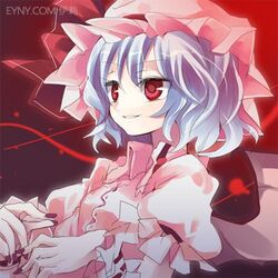  bad_id bad_pixiv_id blue_hair blush female grin hanepochi hat lowres nail_polish red_eyes remilia_scarlet short_hair smile solo touhou 