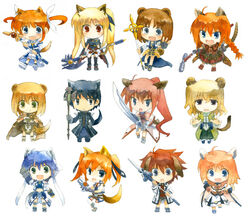  3boys 6+girls animal_ears bad_id bad_pixiv_id bardiche_(axe_form)_(nanoha) bardiche_(nanoha) blonde_hair braid caro_ru_lushe chibi chrono_harlaown cross_mirage erio_mondial fate_testarossa fate_testarossa_(movie_1st_form) graf_eisen gun kemonomimi_mode kerykeion_(nanoha) klarwind kouno_hikaru laevatein_(nanoha) long_hair looking_at_viewer lyrical_nanoha mach_caliber magical_boy magical_girl mahou_shoujo_lyrical_nanoha mahou_shoujo_lyrical_nanoha_a&#039;s mahou_shoujo_lyrical_nanoha_strikers multiple_boys multiple_girls open_mouth raising_heart raising_heart_(device_mode)_(1st) revolver_knuckle s2u schwertkreuz shamal short_hair signum simple_background skirt smile strada subaru_nakajima sword tail takamachi_nanoha takamachi_nanoha_(movie_1st_mode) teana_lanster thighhighs twin_braids twintails vita_(nanoha) weapon white_background yagami_hayate yuuno_scrya 