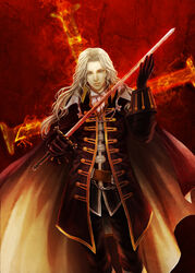  1boy alucard_(castlevania) ascot belt bishounen cape castlevania:_symphony_of_the_night castlevania_(series) chains commentary_request cross fire gloves highres long_hair male_focus solo sword tetra_takamine weapon white_hair 