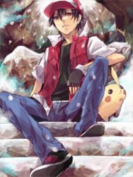  1boy bad_id bad_pixiv_id baseball_cap black_hair denim duplicate fingerless_gloves gloves hat ichi_kawa_ichi image_sample jacket jeans male_focus mt._silver pants pikachu pixel-perfect_duplicate pixiv_red pixiv_sample pokemon pokemon_(creature) pokemon_gsc pokemon_rgby red_(pokemon) red_eyes sitting snow stairs tegaki winter 