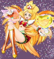  adapted_costume alternate_form blonde_hair boots breasts brooch choker cleavage commentary_request cure_honey cure_honey_(coconut_samba) earrings eyelashes female green_choker gurawan7 hair_ornament happinesscharge_precure! happy heart heart_brooch highres jewelry knee_boots kneehighs large_breasts long_hair looking_at_viewer magical_girl midriff navel oomori_yuuko open_mouth orange_footwear ponytail precure samba skirt smile socks solo wrist_cuffs yellow_eyes 