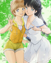  1980s_(style) 2girls ayukawa_madoka black_hair blue_eyes brown_hair commentary_request highres hiyama_hikaru kimagure_orange_road kujira_gunsou long_hair md5_mismatch mole mole_under_eye multiple_girls photoshop_(medium) retro_artstyle short_hair 