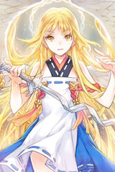  angel_wings blonde_hair female grin hakou_(barasensou) holding korean_clothes long_hair lowres nexia_(sword_girls) open_mouth photoshop_(medium) smile solo sword sword_girls very_long_hair weapon wings yellow_eyes 