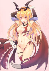  ajipontarou alternate_costume armor arms_behind_head bat_wings bikini_armor blonde_hair breasts commentary_request cosplay demon_tail detached_sleeves fangs female granblue_fantasy head_wings highleg highleg_panties highres long_hair lord_of_vermilion low_wings milia_(lord_of_vermilion) milia_(lord_of_vermilion)_(cosplay) navel open_mouth panties photoshop_(medium) pointy_ears shingeki_no_bahamut single_thighhigh small_breasts solo tail thighhighs underwear vampire vampy wings 