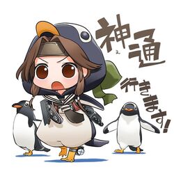  animal_costume bird brown_eyes brown_hair commentary cosplay female gentoo_penguin hair_intakes half_updo headband hirai_yukio jintsuu_(kancolle) kantai_collection kigurumi long_hair necktie penguin penguin_costume pun remodel_(kantai_collection) school_uniform simple_background translated white_background 