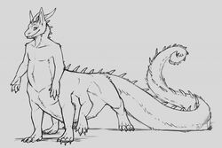  6_legs dragon dragon_taur fangs horn long_taur male manedfiredrake monochrome multi_leg multi_limb multifur mythological_basilisk mythological_creature mythological_scalie mythology ryker_(bruyaglovae) scalie solo spikes tail taur teeth thick_tail 