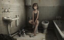  absurdres barefoot bathroom bathtub black_hair claw_foot_bathtub female highres indoors original removing_sock shion_(mirudakemann) short_hair shorts single_sock sitting socks solo tank_top tile_floor tile_wall tiles toilet 