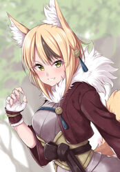  animal_ear_fluff animal_ears blonde_hair blush brown_hair commentary_request female fingerless_gloves fire_emblem fire_emblem_fates fox_ears fox_tail fur-trimmed_jacket fur_trim gloves grin hand_up jacket japanese_clothes jiino looking_at_viewer multicolored_hair outdoors selkie_(fire_emblem) short_hair smile solo streaked_hair tail tree two-tone_hair white_gloves wide_sleeves yellow_eyes 