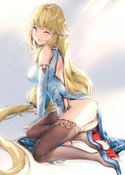  absurdly_long_hair arm_support ass aurora_(azur_lane) aurora_(the_tale_of_spring)_(azur_lane) azur_lane back_cutout backless_dress backless_outfit bare_shoulders between_legs black_panties blonde_hair blue_dress blue_footwear blush breasts brown_thighhighs chili_pepper_earrings china_dress chinese_clothes clothing_cutout commentary detached_sleeves dress female full_body garter_straps green_eyes hair_flaps high_heels highres lace lace-trimmed_legwear lace_trim large_breasts long_dress long_hair long_sleeves looking_at_viewer looking_back low-tied_long_hair official_alternate_costume one_eye_closed panties pelvic_curtain red_pepper_earrings shoes side_slit sitting solo thighhighs thong underwear very_long_hair wince xin_(zinc) yokozuwari 