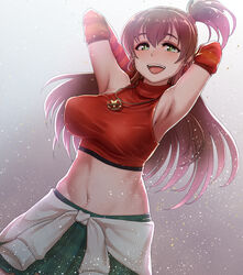  :d arm_warmers armpits arms_behind_head arms_up backlighting bare_shoulders breasts bright_pupils brown_hair chiaki_rakutarou clothes_around_waist commentary_request cowboy_shot crop_top female green_eyes green_skirt highres idolmaster idolmaster_dearly_stars jacket jacket_around_waist jewelry large_breasts light_particles long_hair looking_at_viewer midriff miniskirt navel necklace one_side_up open_mouth pleated_skirt red_shirt sakurai_yumeko shirt skirt sleeveless sleeveless_shirt sleeveless_turtleneck smile solo standing star_(symbol) striped taut_clothes taut_shirt turtleneck white_jacket white_pupils 