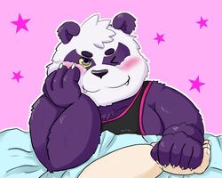  2019 5:4 alp_(tas) anthro bear blush clothing cute_fangs duo fur giant_panda hand_holding hi_res lifewonders male mammal mohumohudansi moobs one_eye_closed overweight overweight_male pink_background purple_body purple_fur shirt simple_background tokyo_afterschool_summoners topwear wink 