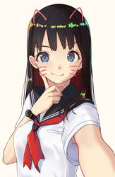  &gt;:) animal_ears beige_background black_hair black_sailor_collar blue_eyes breasts closed_mouth commentary_request drawn_ears drawn_whiskers earrings face_filter female hand_up highres itachi_kanade jewelry long_hair multicolored_hair original outstretched_arm reaching reaching_towards_viewer red_hair red_neckwear sailor_collar school_uniform selfie serafuku shirt short_sleeves simple_background small_breasts smile solo stud_earrings two-tone_hair upper_body v-shaped_eyebrows watch white_shirt wristwatch 