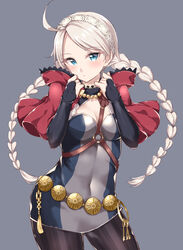  ahoge belt black_pantyhose blonde_hair blue_eyes braid breasts bridal_gauntlets capelet chest_harness cleavage commentary_request covered_navel female fire_emblem fire_emblem_fates grey_background hairband harness head_tilt hood hooded_capelet jiino leather long_hair looking_at_viewer low_twin_braids medium_breasts nina_(fire_emblem) o-ring o-ring_harness open_mouth pantyhose parted_bangs red_capelet simple_background solo standing striped_clothes striped_pantyhose twin_braids white_hair 