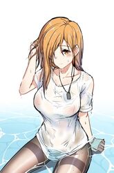  bad_id bad_pixiv_id brown_eyes brown_hair commentary dog_tags female galil_(girls&#039;_frontline) girls&#039;_frontline hair_over_one_eye kuro_(tmdbin) long_hair looking_at_viewer pantyhose shirt solo water wet wet_clothes wet_shirt 