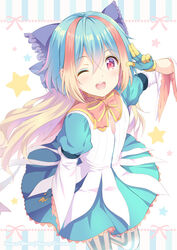  ;d arm_up blue_gloves blue_hair blue_skirt blush bow brown_bow brown_hair commentary_request female frilled_bow frills gloves hair_between_eyes hairbow kuroe_(sugarberry) layered_sleeves little_alice_(wonderland_wars) long_hair long_sleeves multicolored_hair one_eye_closed open_mouth pantyhose photoshop_(medium) pleated_skirt puffy_short_sleeves puffy_sleeves purple_bow red_eyes round_teeth shirt short_over_long_sleeves short_sleeves skirt smile solo standing standing_on_one_leg star_(symbol) striped_background striped_clothes striped_pantyhose teeth two-tone_hair upper_teeth_only vertical-striped_clothes vertical-striped_pantyhose very_long_hair white_shirt wonderland_wars 