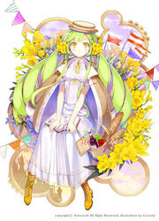  apple artist_name baguette blush boater_hat book book_on_lap bookmark boots bottle bread breasts brown_jacket castle choker cocorip commentary_request company_name cross-laced_footwear dress drill_hair female flower food freesia_(flower) fruit full_body green_hair hair_flower hair_ornament hat jacket jacket_on_shoulders kaku-san-sei_million_arthur lace-up_boots long_dress long_hair looking_at_viewer low_twintails million_arthur_(series) official_art open_book pennant photoshop_(medium) picnic_basket short_sleeves sidelocks sitting sky small_breasts solo string_of_flags twin_drills twintails very_long_hair watermark white_dress yellow_eyes yellow_flower yellow_footwear 