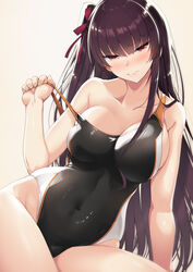  akahito arm_support beige_background blush breasts collarbone commentary_request competition_swimsuit covered_navel female girls&#039;_frontline hair_ribbon half-closed_eyes highres large_breasts long_hair looking_at_viewer one-piece_swimsuit one_side_up purple_hair red_eyes ribbon sidelocks simple_background sitting skindentation solo sweatdrop swimsuit swimsuit_tug thighs tsurime very_long_hair wa2000_(girls&#039;_frontline) yokozuwari 