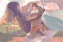  animal bad_id bad_pixiv_id breasts brown_hair closed_mouth commentary dress farm female gloves hat horseclaw kaze_no_tani_no_nausicaa large_breasts mountain nausicaa outdoors photoshop_(medium) short_hair studio_ghibli takemaru08 windmill 