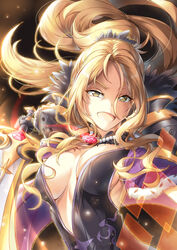  :d argyle bead_necklace beads black_dress blonde_hair breasts cape center_opening christina_(princess_connect!) commentary dress female gauntlets gem hair_between_eyes highres holding holding_sword holding_weapon jewelry jpeg_artifacts large_breasts long_hair looking_at_viewer necklace no_bra open_mouth parted_bangs ponytail princess_connect! purple_cape smile solo sword upper_body very_long_hair weapon xin_(zinc) yellow_eyes 