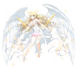  absurdres angel blonde_hair blue_eyes closers feet female full_body highres long_hair navel official_art seulbi_lee solo sylvi_(closers) toes weapon white_background white_clothes white_skin white_wings wings 