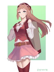  backpack bag bandana belt blue_eyes breasts buttons closed_mouth collarbone commentary english_commentary felicia_(fire_emblem) felicia_(picnic)_(fire_emblem) female fingerless_gloves fire_emblem fire_emblem_fates fire_emblem_heroes frills gloves highres holding_strap jewelry long_hair looking_at_viewer medium_breasts miniskirt ornament pink_hair ponytail ribbon simple_background skirt smile solo spiffydc twitter_username white_ribbon 