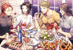  4boys :d bad_id bad_pixiv_id beef_wellington black_hair black_sweater blonde_hair blue_eyes bottle brown_eyes brown_hair chicken_(food) collarbone cup dress_shirt drinking_glass eating food fork fruit garlic granblue_fantasy green_eyes grey_shirt highres holding holding_food holding_fork holding_fruit holding_knife ice_cream indoors knife lancelot_(granblue_fantasy) lobster long_hair long_sleeves looking_at_another macaron male_focus matsuki_tou multiple_boys open_mouth oyster parted_bangs percival_(granblue_fantasy) photoshop_(medium) plaid plate pretzel red_eyes red_hair ribbed_sweater rug salad sausage scowl shirt shrimp siegfried_(granblue_fantasy) sitting sleeves_rolled_up smile snowing spoon strawberry strawberry_parfait sundae sweatdrop sweater table tablecloth tray turtleneck turtleneck_sweater vane_(granblue_fantasy) wafer_stick white_sweater window wine_bottle wine_glass yellow_shirt 