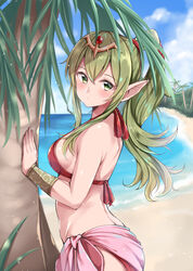  beach bikini blue_sky blush breasts butt_crack closed_mouth cloud commentary_request day female fire_emblem fire_emblem:_mystery_of_the_emblem fire_emblem_awakening fire_emblem_heroes from_side green_eyes green_hair hair_between_eyes high_ponytail jiino long_hair looking_at_viewer looking_to_the_side medium_breasts ocean outdoors palm_tree pink_sarong pointy_ears ponytail red_bikini sarong sideboob sky solo standing swimsuit tiara tiki_(adult)_(fire_emblem) tiki_(adult)_(summer)_(fire_emblem) tiki_(fire_emblem) tree water 