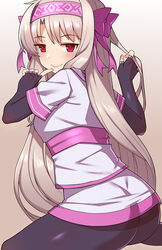  ainu_clothes ass bangs blush bow breasts fate/grand_order fate_(series) female fingerless_gloves gloves hair_between_eyes hairband hairbow index_finger_raised long_hair looking_at_viewer nt00 pantyhose red_eyes sash shirt sitonai small_breasts smile solo white_hair white_shirt 