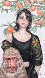  12v animal asymmetrical_bangs black_hair blue_eyes female food fruit fruit_tree hair_over_one_eye hand_in_pocket japanese_macaque leaf medium_hair monkey off_shoulder open_mouth original parted_lips persimmon plant sleeveless solo standing tree upper_body yellow_eyes 