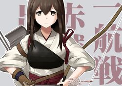  akagi_(kancolle) archery arrow_(projectile) artist_name bow_(weapon) brown_eyes brown_hair character_name commentary_request dated female hair_between_eyes hakama hakama_short_skirt hakama_skirt holding holding_arrow holding_bow_(weapon) holding_weapon japanese_clothes kagutsuchi_(victoragna) kantai_collection kyuudou long_hair looking_at_viewer machinery muneate one-hour_drawing_challenge rigging skirt solo straight_hair tasuki twitter_username upper_body weapon 