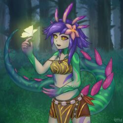  1:1 2019 animal_humanoid arthropod breasts butterfly chameleon chameleon_humanoid clothing curious digital_media_(artwork) duo female flower forest glowing hair hi_res humanoid insects jewelry klifflod league_of_legends lepidopteran lizard lizard_humanoid long_hair long_tail looking_away monster_girl_(genre) necklace neeko_(lol) on_hand open_mouth outside plant portrait purple_hair raised_arm reptile reptile_humanoid riot_games scalie scalie_humanoid shaded signature solo_focus standing tail tencent toony tree yellow_eyes 