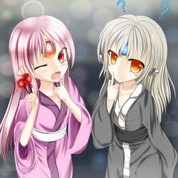  2girls ? ?? apple_(elsword) bad_id bad_pixiv_id blush candy_apple code:_nemesis_(elsword) collarbone commentary_request elsword eve_(elsword) facial_mark food forehead_jewel haiumore mechanical_ears multiple_girls one_eye_closed smile traditional_clothes 