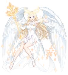  absurdres angel blonde_hair blue_eyes closers feet female full_body highres levia_(closers) long_hair navel official_art solo toes transparent_background weapon white_clothes white_skin white_wings wings 