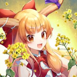  :d bare_shoulders blonde_hair bow bowtie commentary_request female flower gradient_background hairbow highres horn_ornament horn_ribbon horns ibuki_suika leaf long_hair looking_at_viewer momoshiki_tsubaki oerba_yun_fang oni oni_horns open_mouth orange_eyes petals purple_ribbon rapeseed_blossoms red_bow red_bowtie ribbon shirt sidelocks sleeveless sleeveless_shirt smile solo the_other_flower touhou upper_body white_background white_shirt yellow_background yellow_flower 