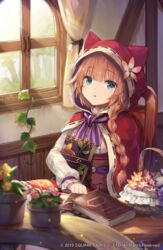  :o animal_ears animal_hood basket blue_eyes blush book book_strap braid brown_hair center_frills chair cloak commentary curtains fake_animal_ears female flower frills grimms_echoes hood hood_up hooded_cloak hugging_object indoors little_red_riding_hood_(grimms_echoes) long_hair looking_at_viewer makihitsuji on_chair parted_lips pink_flower red_cloak shirt side_braid single_braid sitting solo table white_shirt window 