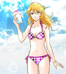  bikini blonde_hair bracelet breasts brown_eyes cleavage cloud cobblestone collarbone commentary_request cowboy_shot day female floating_hair food hair_between_eyes halterneck holding jewelry long_hair looking_at_viewer medium_breasts mori_yuki outdoors parted_lips purple_ribbon ribbon shaved_ice side-tie_bikini_bottom solo standing sunlight sweatdrop swimsuit thigh_gap uchuu_senkan_yamato uchuu_senkan_yamato_2199 yokon2199 