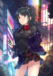  ahoge belt black_hair black_panties black_shirt black_skirt blue_eyes blurry blurry_background breasts building chinese_commentary cityscape commentary cowboy_shot depth_of_field female half_updo hand_in_pocket headphones headphones_around_neck highres holding holding_phone idolmaster idolmaster_shiny_colors jacket kazano_hiori lamppost ldfe_mk2 lens_flare long_hair long_sleeves looking_at_viewer medium_breasts miniskirt mole mole_under_mouth night night_sky off_shoulder open_clothes open_jacket outdoors panties pantyshot parted_lips phone photoshop_(medium) plaid plaid_skirt pleated_skirt purple_jacket shirt sidelocks skirt sky solo standing star_(sky) starry_sky thighs tree underwear 