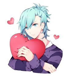  1boy blue_eyes blue_hair commentary hair_between_eyes heart heart-shaped_pillow hugging_object looking_at_viewer male_focus medium_hair mikaze_ai pillow pillow_hug pingo ponytail purple_sweater simple_background solo striped_clothes striped_sweater sweater two-tone_sweater uta_no_prince-sama white_background 