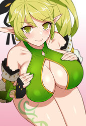  anemos_(elsword) bad_id bad_pixiv_id blush breast_hold breasts cleavage cleavage_cutout clothing_cutout collarbone detached_sleeves earrings elf elsword female fingerless_gloves gloves jewelry nt00 pointy_ears rena_erindel ribbon side_ponytail smile tattoo 